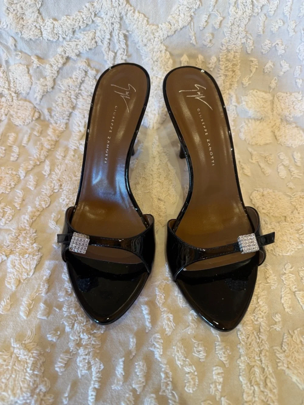 Giuseppe Zanotti Black Patent High Heel Mules with Crystal Accent #595